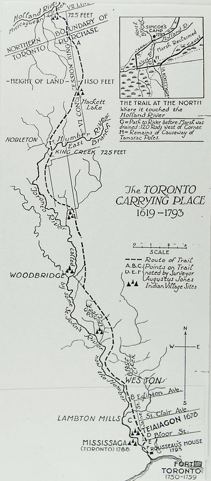 Black and white map. Sketch map of the Humber River and tributaries, showing the Toronto Carrying Place Trail. The locations of historic Indigenous and settler villages and points along the trail are indicated, as is Fort Toronto on Lake Ontario.