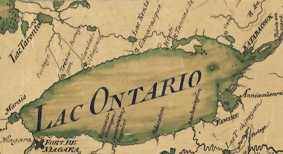 Colour map. Seventeenth century French map of Lake Ontario. Lake Ontario dominates the map, with rivers, Indigenous villages, and French forts also shown. Dotted lines indicate the two portage routes running north from Lake Ontario to “Lac Taronto” (Lake Simcoe).