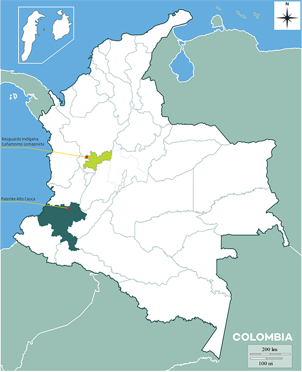 Colour map: A map shows that Resguardo Indígena Colonial Cañamomo Lomaprieta is in in west-central Colombia, and Palenke Alto Cauca is in the south-west, bordering the sea.