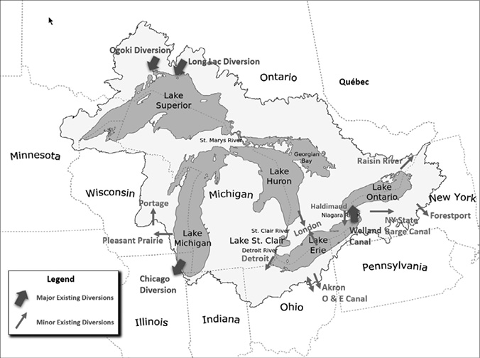 This map shows the major and minor existing water diversions in and out of the Great Lakes basin.