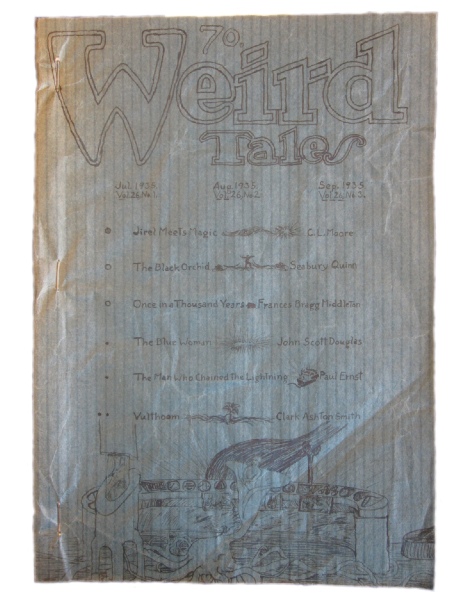 reproduction of a hand drawn scrapbook with the title “Weird Tales”