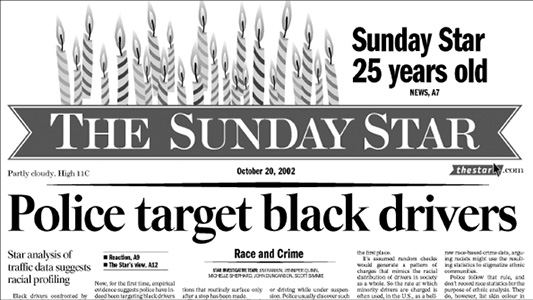 Black and white scan of newspaper front page: The newspaper is The Sunday Star, and the main headline in the centre is “Police target black drivers.” The banner is topped with candles, and the headline “Sunday Star 25 years old.