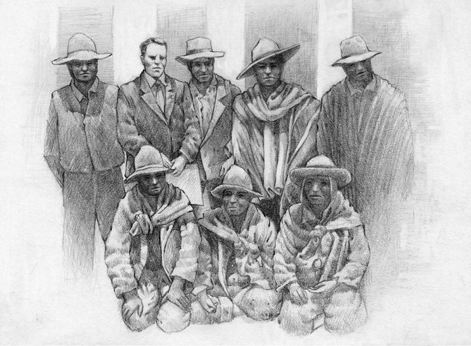 A drawing of a group of native rural workers accompanied by an urban lawyer. At the center of the back-row a man wears a suit and holds some papers. Next to him another man wears a more Westernized native attire and hat. A third man wears a personalized native garment dressing style; as he maintains a defiant frontal gaze his image is impressive. The rest of the natives look humbler and more submissive.