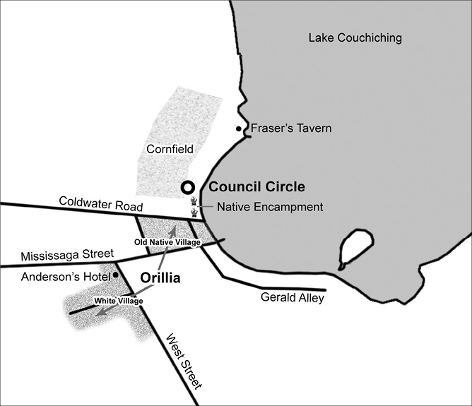 Black and white map. Lake Couchiching takes up the entire top right of the map, and the early settlement of Orillia is shown on the left shore of it. The original Chippewa village, Council circle, encampment, and cornfield are on the lakeshore and along the Coldwater Road. Roads extend from this, including one named after Gerald Alley. The white village is a block away from the Chippewa village. Fraser’s Tavern is on the lakefront just east of the cornfield.