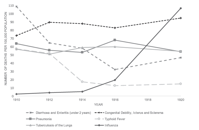 Black and white graph: Line graph illustrates the mortality rate per 100,000 people from various diseases from 1910 to 1920. The diseases included are Diarrhoea and Enteritis (under 2 years), Tuberculosis of the Lungs, Pneumonia, Congenital Debility/Icterus/Sclerema, Typhoid Fever, and Influenza. Throughout most of the decade, Diarrhoea and Enteritis and Typhoid Fever generally decline over this period. Tuberculosis of the Lungs, Pneumonia, and Congenital Debility/Icterus/Sclerema fluctuate without extreme changes. Notably, Influenza shows a dramatic surge in 1916 to peak in 1920.