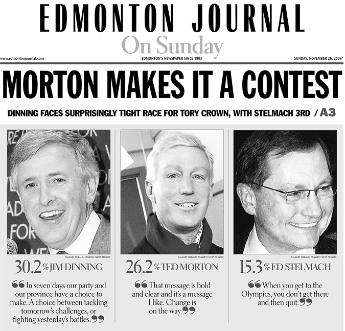 Black and white newspaper clipping from the Edmonton Journal. This image contains three pictures side-by-side of the three PC leadership candidates from 2006: Jim Dinning, Ted Morton, and Ed Stelmach. The headline is “Morton Makes it a Contest”, and the text underneath says, “Dinning faces surprisingly tight race for Tory Crown, with Stelmach 3rd.” There is a quote from each leadership candidate under their picture. Underneath the picture of Jim Dinning smiling, Dinning is quoted as saying, “In seven days our party and our province have a choice to make. A choice between tackling tomorrow’s challenges, or fighting yesterday’s battles.” Underneath the picture of Ted Morton smiling, Morton is quoted as saying “That message is bold and clear and it’s a message I like. Change is on the way.” Underneath a picture of Ed Stelmach smiling, it says “When you get to the Olympics, you don’t get there and then quit.”