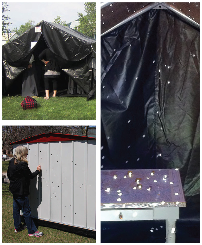 3 colour photographs. left, above: A woman looking into a black tent. left, below: A woman pointing to a metal shed with holes punched in its side. right: The interior of a black tent with holes in the canvas, and a table in the foreground onto which dots of light are projected.
