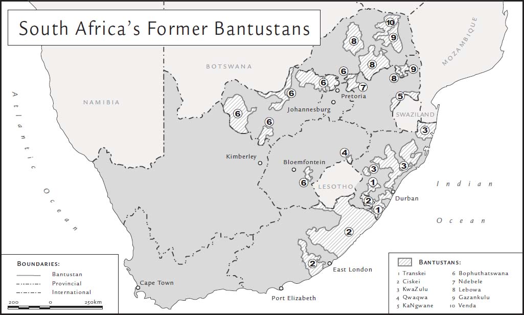 Map of South Africa's Former Bantustan regions.