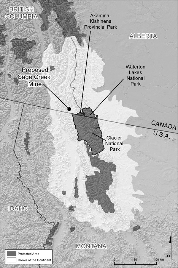This map shows the Crown of the Continent Eco-region, which crosses the Alberta-Montana border, and includes Waterton Lakes National Park and Akamina-Kishenana Provincial Park on the Canadian side, and Glacier National Park on the US side. The location of the proposed Sage Creek coal mine is also shown.