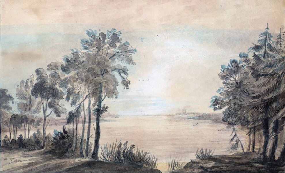 Colour painting. Watercolour painting of a lake and shoreline, in light pastel pinks, blues, and greens. There are several trees in the foreground that part in the centre to provide a view of the lake and a sunset over the water.