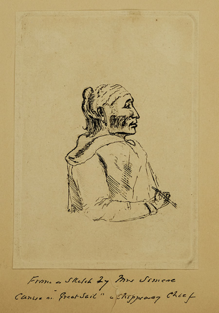 Black and white drawing. 18th century sketch of a First Nations man. He is wearing a hooded jacket, his hair is tied back in a topknot, and he is holding a pipe. He looks off to the right.