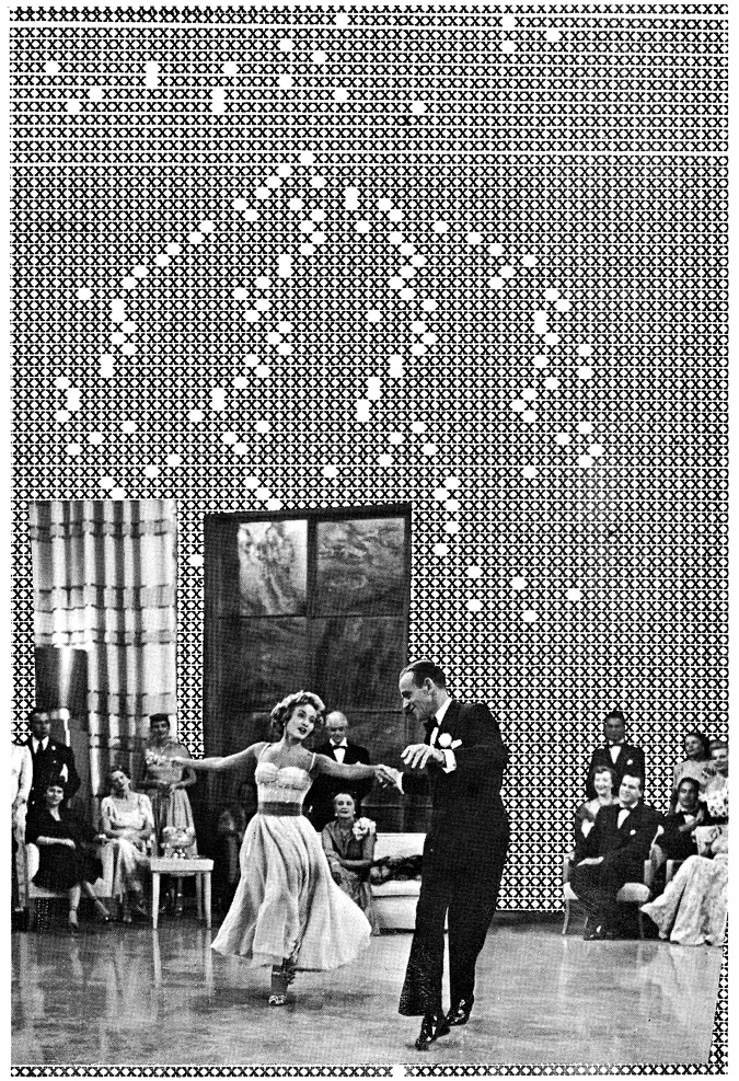 Black and white page scan: A collage shows a 1950s style photograph of a man and woman dancing in evening attire with others looking on from the background. The photo is on top of a page covered in typewritten x letters with a few white blanks.