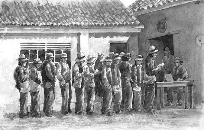 A drawing of a line of rural workers awaiting to cast their ballots to elect their union leaders.