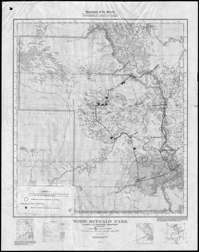 Black and white map: Map of Warden Dempsey’s Patrol, including sites checked.