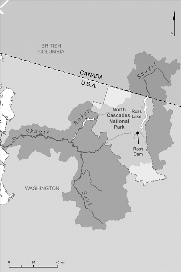 This map shows the Skagit River basin where it crosses the British Columbia–Washington border, including its tributaries and Ross Lake.