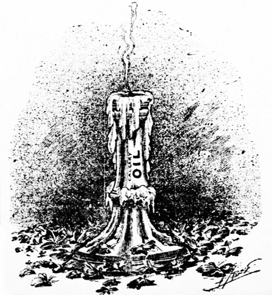 Figure 5-9 “The Flame and the Moth.” Black and white editorial cartoon. A partially burned candle representing “Calgary Oil,” still smoulders after being extinguished. All around the base of the candle are thousands of moths that flew too close to the flame and had their wings burned, filling the air with dust and debris. The cartoon is captioned, “An old story about to be retold.”