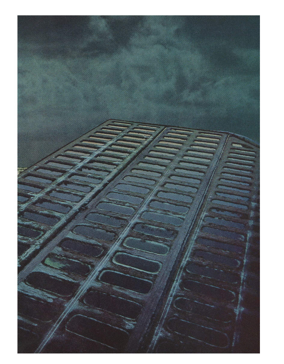  Colour photo collage: A metal grid in the foreground, against a cloudy sky.