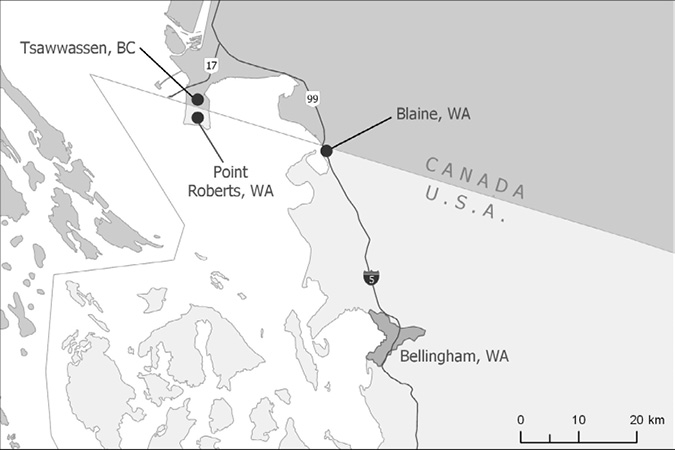 This map shows the location of Point Roberts in the state of Washington (WA), British Columbia (BC)–Washington border, and the cities of Tsawwassen, BC, and Blaine and Bellingham, WA.