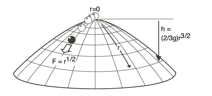 A mass at the apex of a dome moves away from the apex.