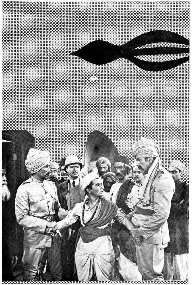 Black and white page scan: A collage shows a 1950s style photograph of two officers in Indian attire arresting a man, with men in Indian and British attire looking on. The photo is on top of a page covered in typewritten x letters with a black abstract shape drawn on top.
