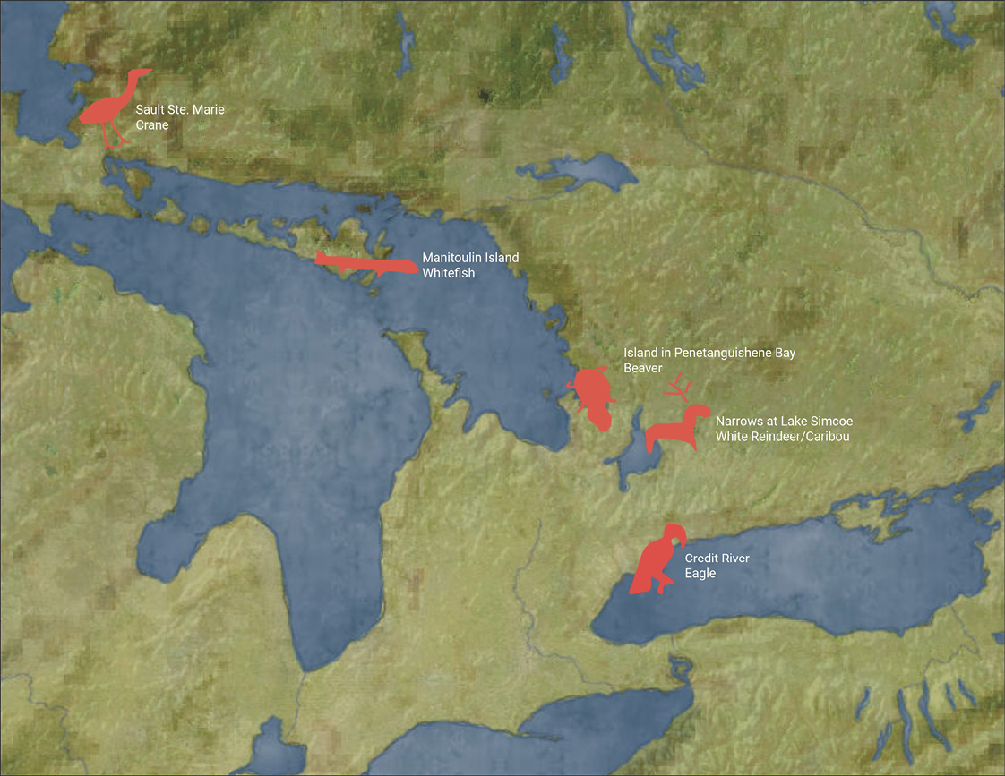  Colour Map. Map of Ontario. The locations of Anishinaabe Council Fires are shown, along with their clan symbols illustrated in red. These run along the north shore of Lake Huron south to Lake Ontario. From west to east, the council fires and their symbols are: Sault Ste. Marie/Crane, Manitoulin Island/Whitefish, Island in Penetanguishene Bay/Beaver, Narrows at Lake Simcoe/White Reindeer/Caribou, and Credit River/Eagle.