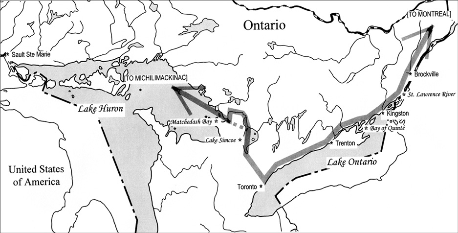 Black and white map. Map of southern Ontario. A two-way arrow runs along the north shore of Lake Ontario. At Toronto it veers north up towards Lake Simcoe and Georgian Bay and is labelled To Michilimackinac, while to the east it runs northeast along the St Lawrence River and is labelled To Montreal.