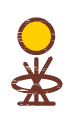 Cultural Symbol: Ways of Connecting. Line drawing of a tripod with an oval behind it, with a yellow sun symbol above it.