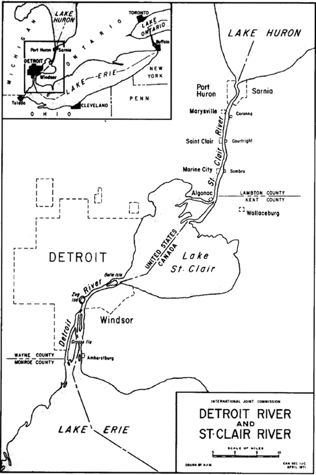 This schematic map shows the boundary St. Clair and Detroit Rivers as they flow from Lake Huron to Lake Erie via Lake St. Clair.