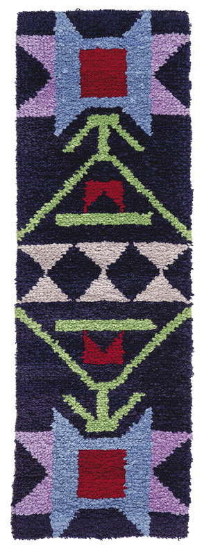 Vertical dark-blue run with lavender, blue, red and green starburst at each end leading to a green and light pink geometric pattern in the middle.