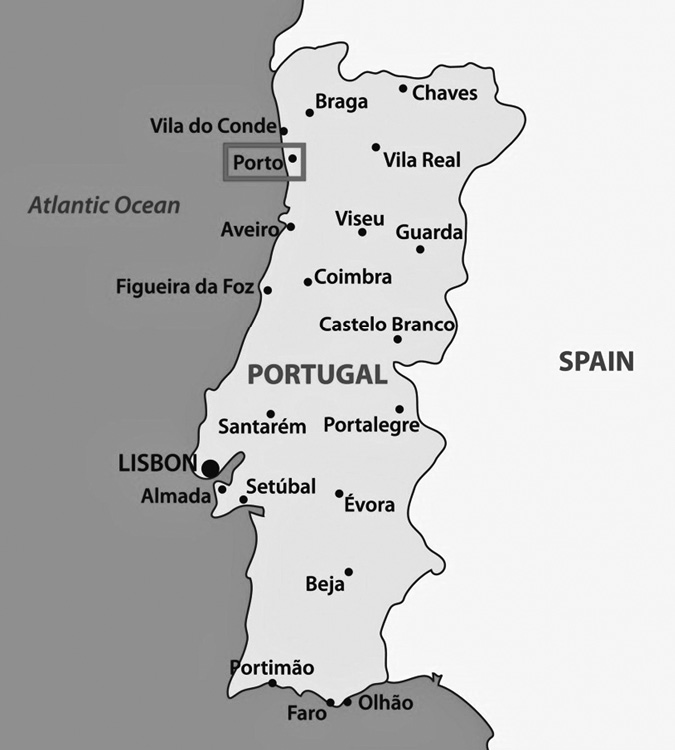 Black and white map: A map of Portugal showing the major cities, Porto in the north is highlighted.
