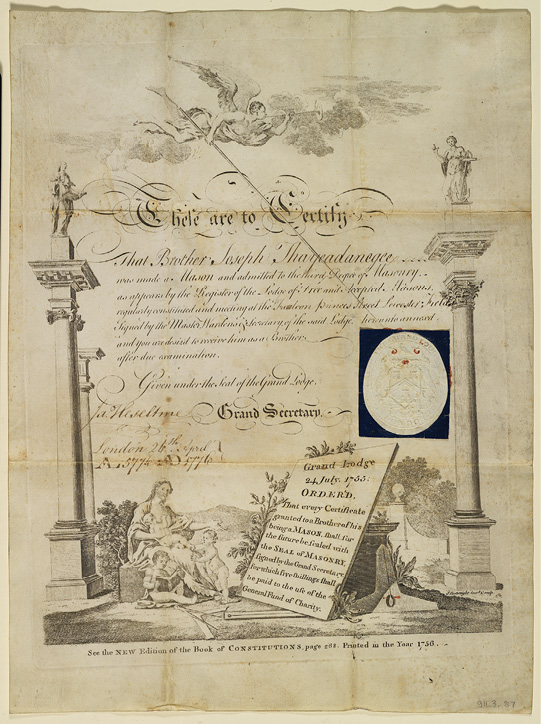 Colour document. A yellowed certificate, with title and text in the centre, surrounded by illustrations. There is an angel blowing a trumpet and carrying a lance at the top, robed female figures on top of classical pillars at either side, and a seated woman with children at the bottom. A large sign with writing is leaning against another column base or piece of masonry. A seal is in blue beside the text.