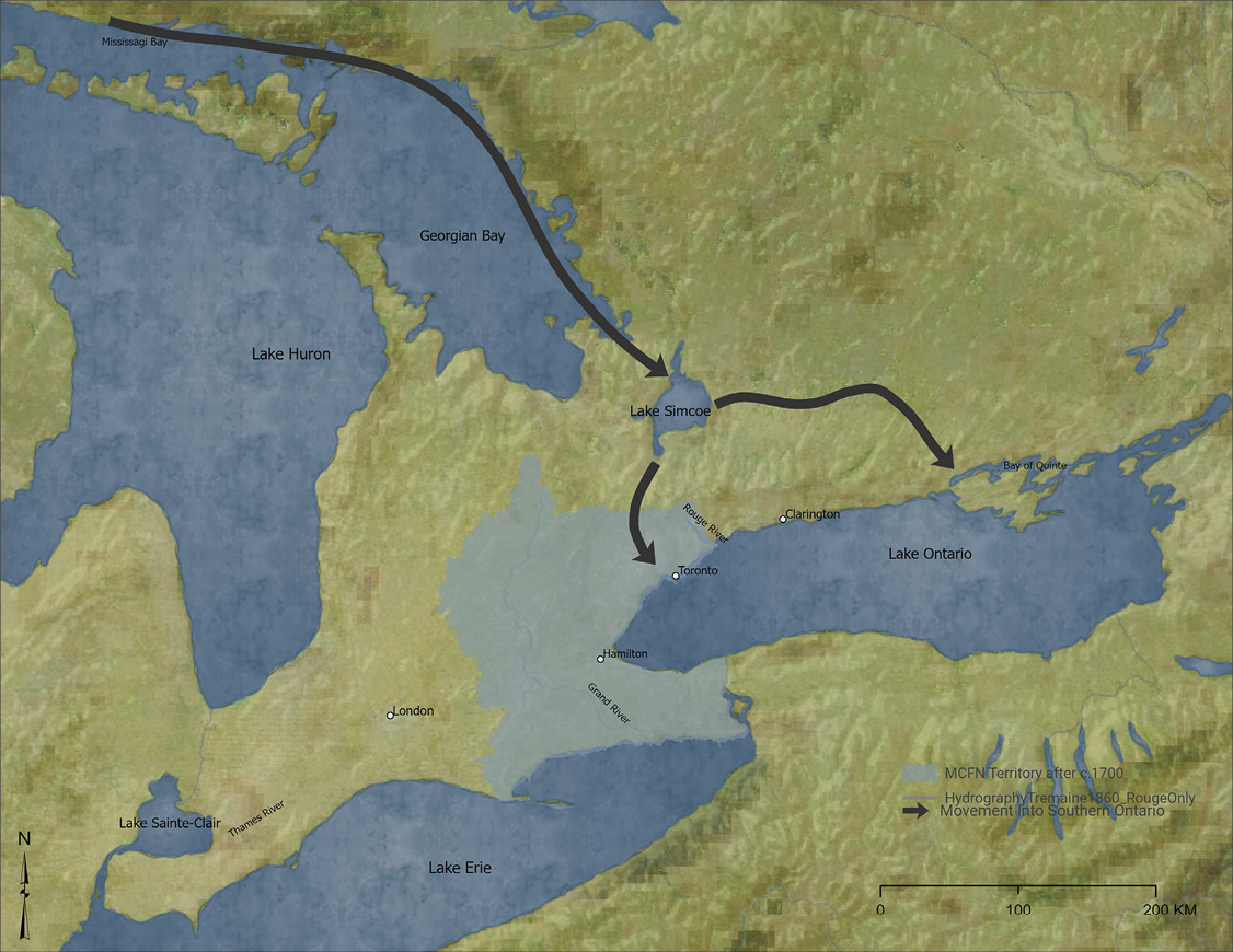 Colour map. Map of southern Ontario showing historic Mississauga routes into the area. These routes run from Georgian Bay south to Lake Simcoe, then fork, with one route heading south to the Toronto area and the other running east to the Peterborough region. A large area from the Rouge River in the east and including land to the north of the western end of Lake Ontario and eastern end of Lake Erie is highlighted as the historic territory of the Mississaugas of the Credit.