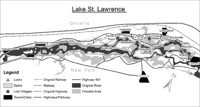 A map of Lake St. Lawrence and surrounding aread. Land and waterway infrastructure are labelled, including locks, dams, municipalites, roads, and railways. These locations are arranged along river, its present flooded area indicated in light grey, and the original river area is dark grey. The area covered by the river is about double what is was prior to flooding.