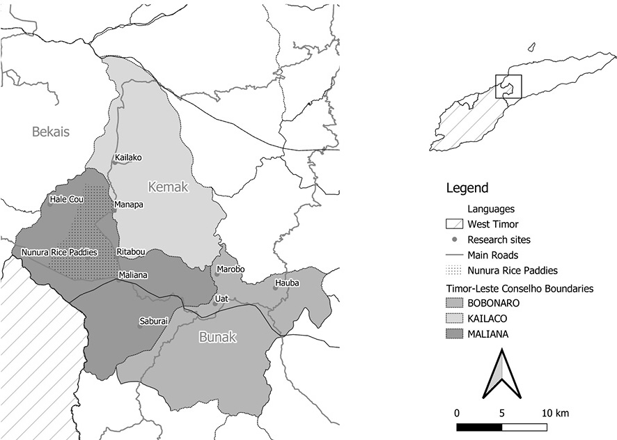 Black and white map. Shows a magnification of the central region of Timor. 3 Conselho’s are highlighted: Bobonaro, Kailaco, and Maliana. Significant settlements are shown. The languages, Bekais, Kemak, and Bunak are shown, running north to south. The Nunura Rice Paddies are shown with dots in Maliana.