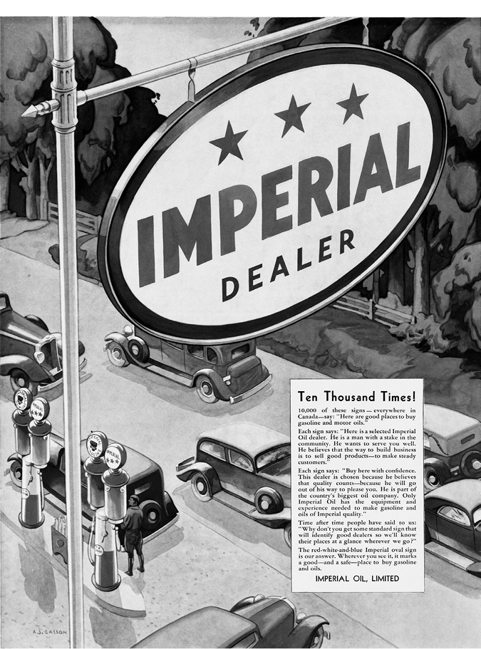 This is artist’s rendering of an Imperial Oil service station seen from a bird’s eye view over an oval sign bearing the words “Imperial Dealer.” Beneath it are several gas pumps while automobiles pass the station along the highway. An insert boasts that the Imperial service station sign can be seen “Ten Thousand Times!” across Canada.