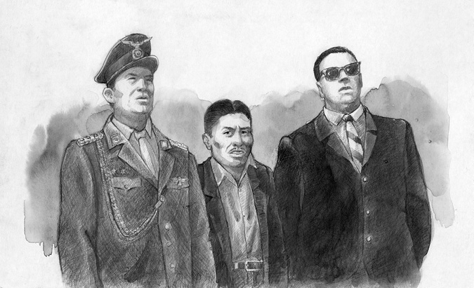 A drawing of a military man, a peasant leader, and a civilian, posing in an outdoor ceremony.