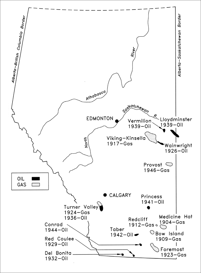 This map, prepared for David Breen’s History of the Alberta Conservation Board, shows the major areas of oil sand gas production and exploration on the eve of the Leduc discovery, much of which was in the southern part of the province and the Alberta-Saskatchewan border.