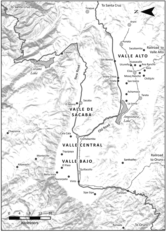 A map of the valley region of Cochabamba shows the four valley areas, the main inter-departmental roads and railroads, provincial capitals, and important rural towns.