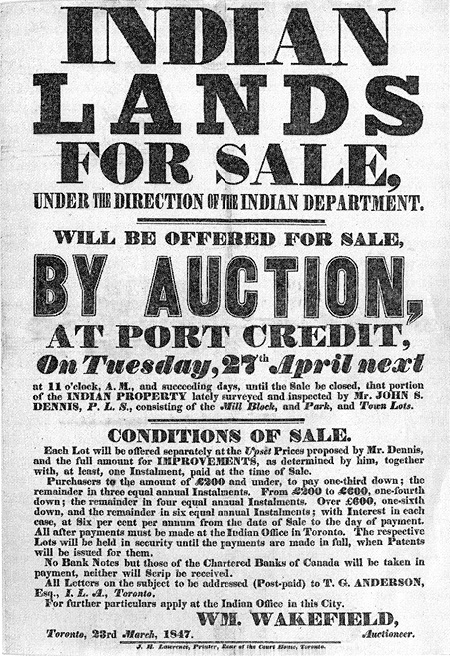 Black and white document. Advertisement proclaiming “Indian Lands for Sale” in bold, with details of the conditions of sale underneath.