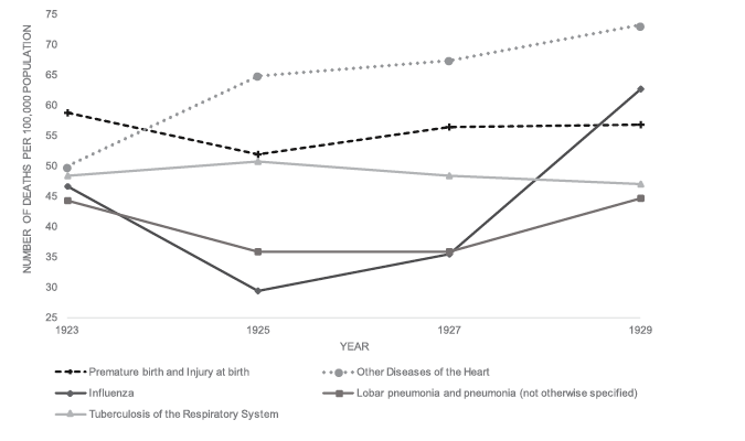 Black and white graph: Line graph showing death rates per 100,000 population from 1923 to 1929 for various diseases. Premature birth and Tuberculosis rates are stable, while and Lobar pneumonia and Influenza trend downward at the beginning of the period and rise again at the end. Other Diseases of the Heart rates rise during these years. 