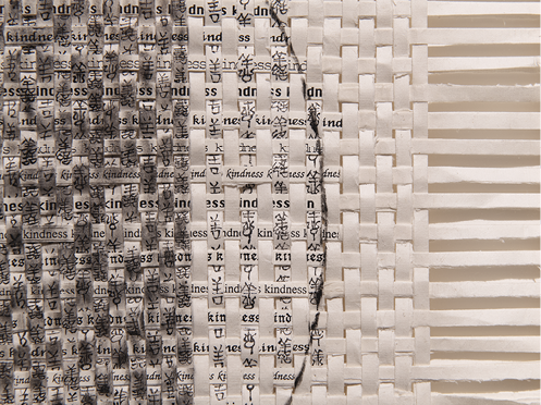 Photo: detail of the black square and circle from the previous image showing that there are words in various languages on the strips.