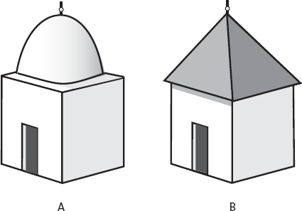 Two basic tomb designs. Figure A shows a simple cube structure with a door, and surmounted by a dome. Figure B shows a simple cube structure with a door, surmounted by a pyramidal roof.