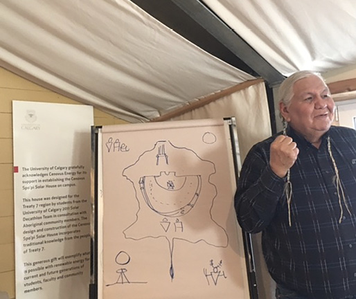 Colour Photograph: Reg Crowshoe standing next to a white board, explaining newly designed etching of symbols for the Strategy.