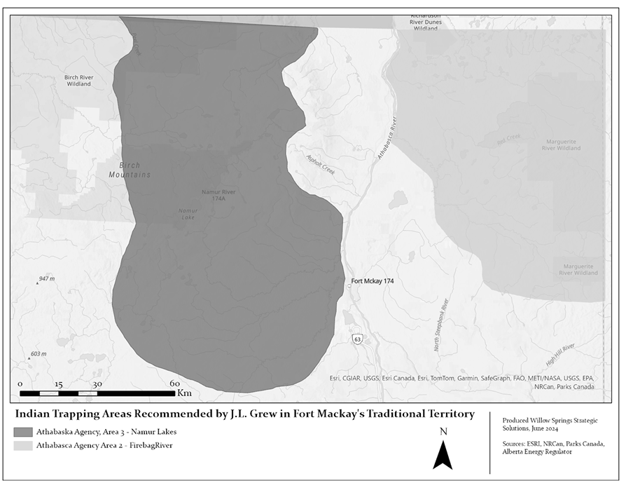 The image is a grayscale map depicting Fort McKay’s traditional territory and recommended Indian trapping areas, highlighting various geographical features and administrative regions. The map is oriented with north indicated at the top right by an arrow labeled N. The map covers river systems, creeks, and shaded regions that represent different land designations. A dark shaded area occupies the western portion of the map, identified in the legend at the bottom as an Athabasca Agency Area. Additional labels name specific places, such as Maybelle River Wildland and Birch River Wildland, among others. The map includes a linear distance scale in kilometers, ranging from 0 to 60 km.