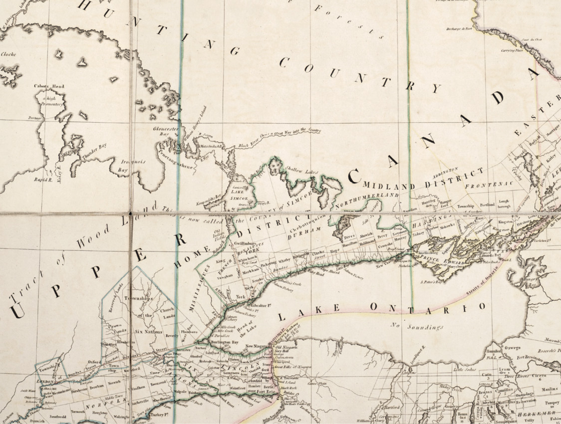 Colour map. Nineteenth century map of Upper Canada. Lake Ontario is shown, and areas around this are divided into townships. Much of the area north of these are labelled Tract of Wood Land or Hunting Country.