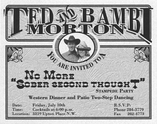 Black and white image. This is an image of an invitation to a “No More Sober Second Thought” Stampede Party hosted by Ted and Bambi Morton. It includes a close-up of a picture of Ted and Bambi smiling and wearing cowboy hats. The invitation notes there will be a Western Dinner and Patio Two-Step Dancing.
