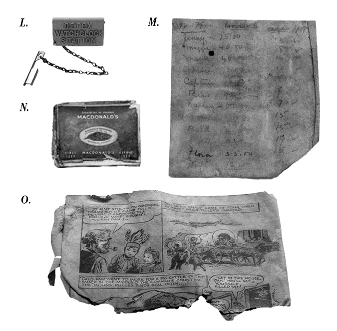 Black and white photograph: Photograph consisting of four photographs joined together that depict various items found by archaeologists and others at the Mohawk Institute.  The caption describes the images in detail. They include a watch key, a list of students, a cigarette package, and a comic strip.