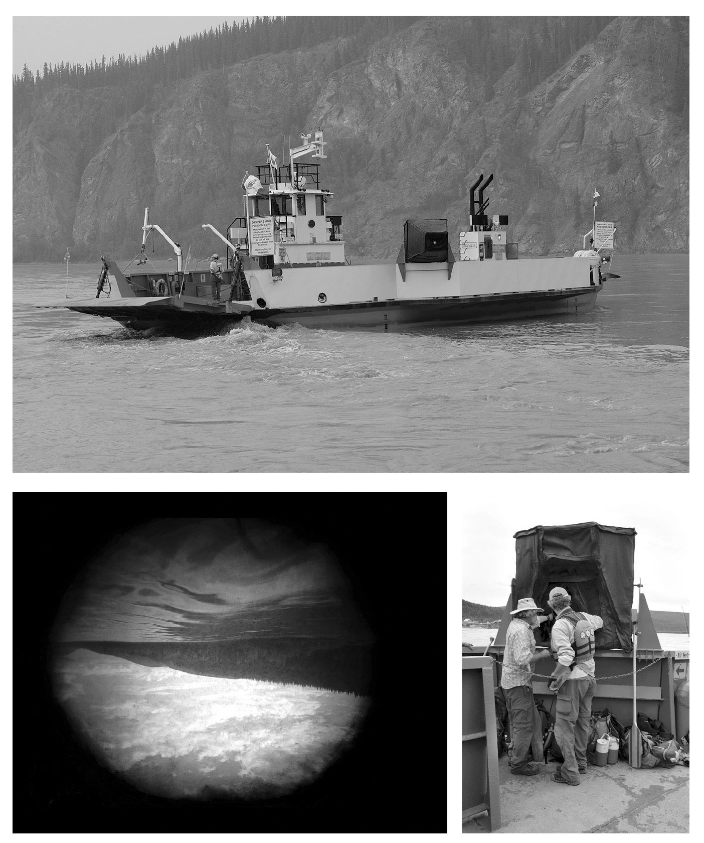 Black and white photographs, a) a white boat sits on the water with large cliffs rising close behind out of sight, a small black box with a peephole sits at the centre of the boat, b) an upside-down view of a lake, with a forested ridge rising behind with cloudy skies, the photograph has a significant black vignette at the edge, c) two men on a boat point into a black cloth covered camera obscura; the man on the left wears a flannel shirt and the man on the right a life jacket, oars, drink bottles, and bags sit at the boat floor.