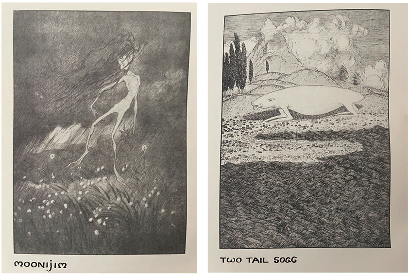 Left: Black and white illustration: A pale, thin, humanoid creature with long black wavy hair, labelled “Moonijim.” Right: Black and white illustration: A fantastical four-legged creature, with a long smooth body, fin-like limbs and two upright tails, standing on the shore with a mountain in the background.  Labelled “Two Tail Sogg.”