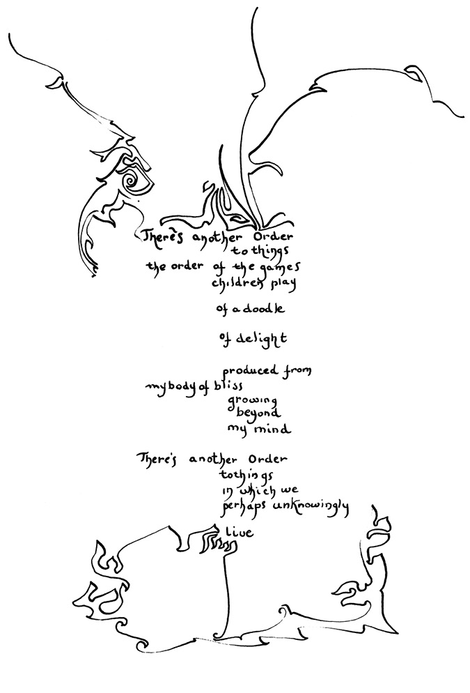 Black and white page scan: A poem is written in the centre of the page in calligraphy style handwriting. An abstract line drawing reaches down from the top of the page and from the bottom to frame the poem.